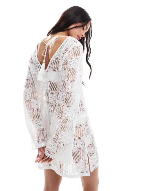 New Look - Strandkaftan van kant met vierkant motief in wit, 2 van 4