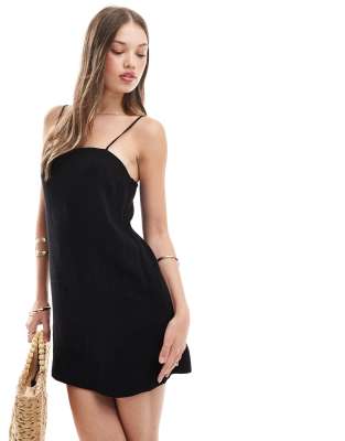 New Look strappy back mini dress in black linen