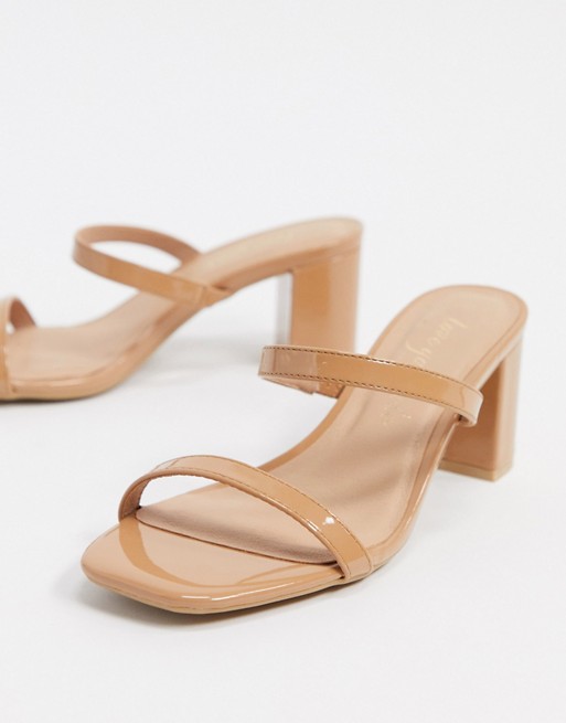 New Look strappy leather look heeled mule sandals in beige