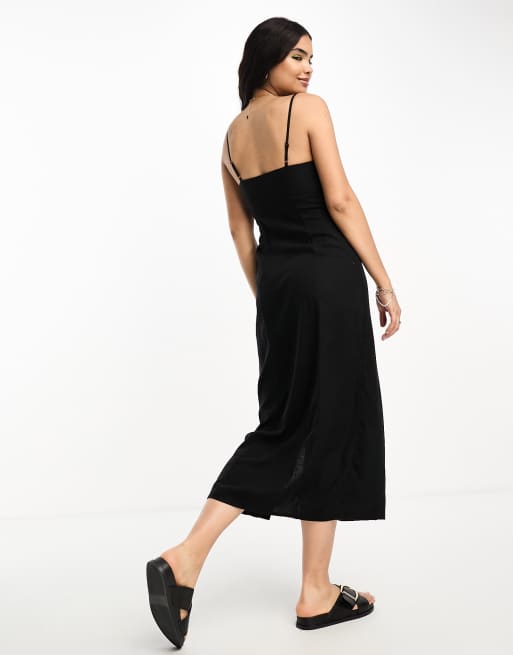 New Look strappy linen cut out midi dress in black | ASOS