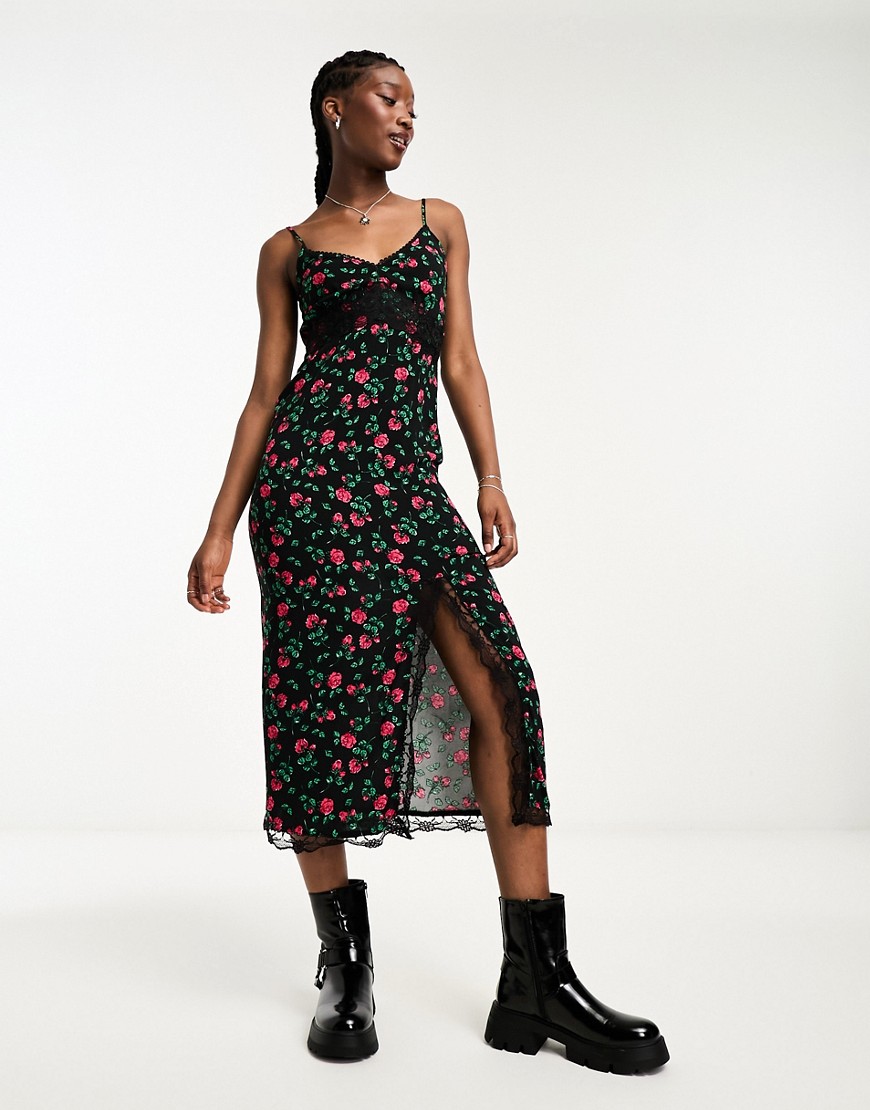 New Look strappy midi dress in lace and rose print-Black