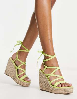  strappy tie leg espadrille wedges in off Green