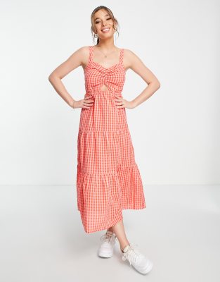 New Look Strappy Tiered Midi Dress With Cut Out In Red And Pink Gingham