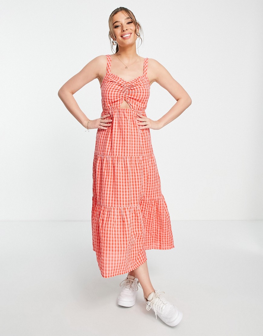New Look Strappy Tiered Midi Dress With Cut Out In Red And Pink Gingham