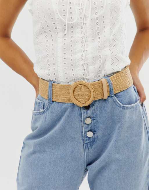 New Look straw stretch waist belt in stone | ASOS