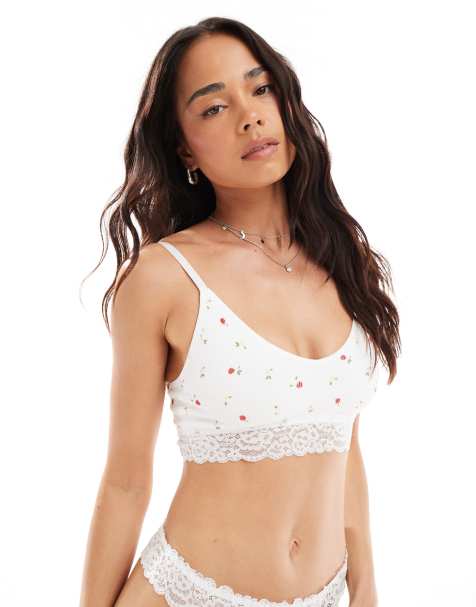 New Look strawberry print seamless ribbed bralette in white - view 1