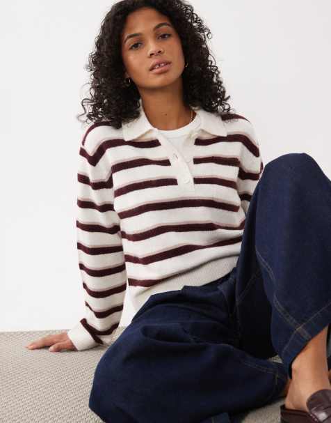 New Look Strick-Polo-Pullover mit burgunderrotem Streifen - view 1