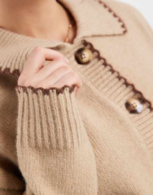 New Look – Strickjacke in Braun mit Kragen und Languettenstich, 2 von 4