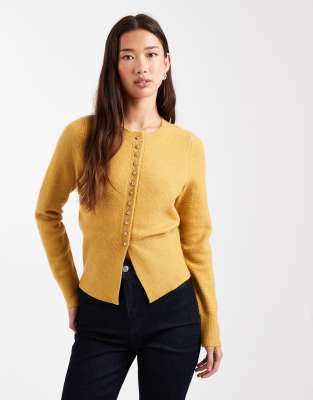 New Look - Strickjacke in Gelb mit Rundhalsausschnitt und gewölbten Knöpfen