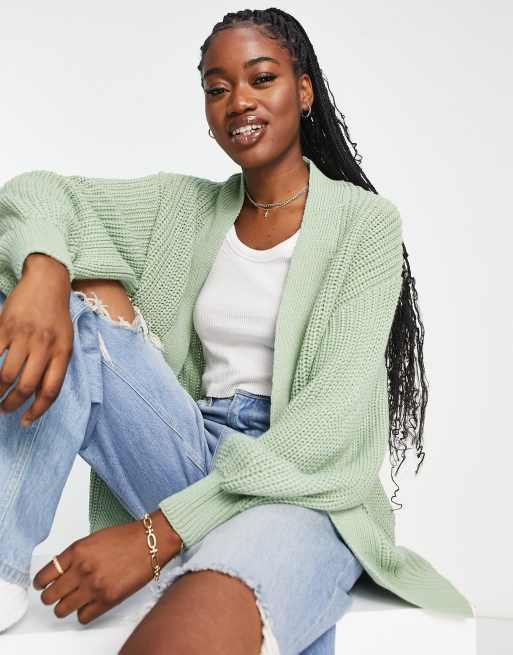 New Look – Strickjacke in Hellgrün mit Ballonärmeln