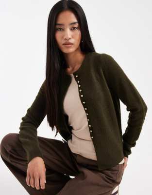 New Look - Strickjacke in Khaki mit Rundhalsausschnitt und gewölbten Knöpfen-Grün