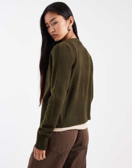 New Look – Strickjacke in Khaki mit Rundhalsausschnitt und gewölbten Knöpfen, 2 von 4
