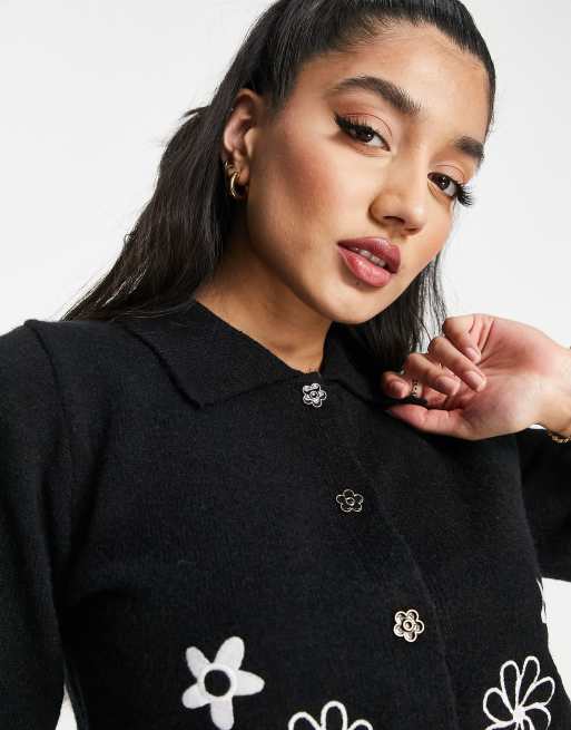 New Look – Strickjacke in Schwarz mit Kragen und Blumenmuster-Detail, 3 von 4