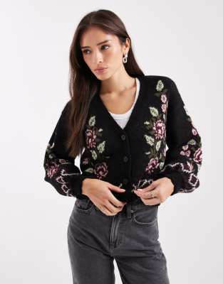 New Look - Strickjacke in Schwarz mit V-Ausschnitt und Blumenmotiven