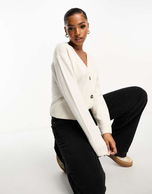 New Look – Strickjacke in Wollweiß mit durchgehender Knopfleiste