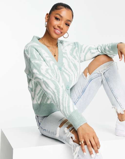 New Look – Strickjacke mit Marmormuster in Grün 