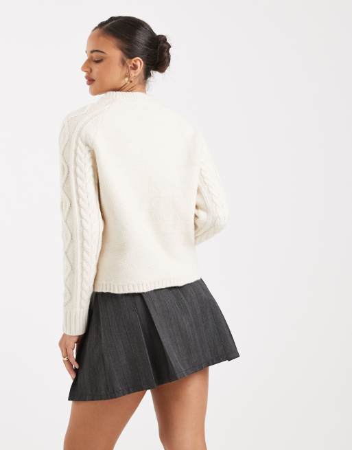 New Look – Strickpullover in Cremeweiß mit Zopfmuster und Raglanärmeln, 2 von 4