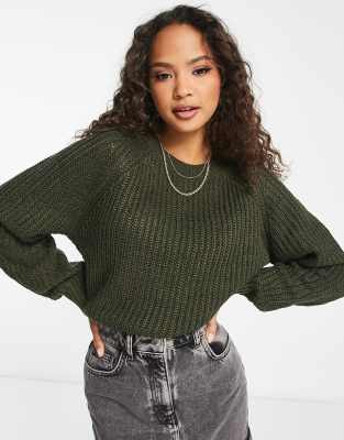 New Look – Strickpullover in dunklem Khaki mit Rundhalsausschnitt und Ziermuster