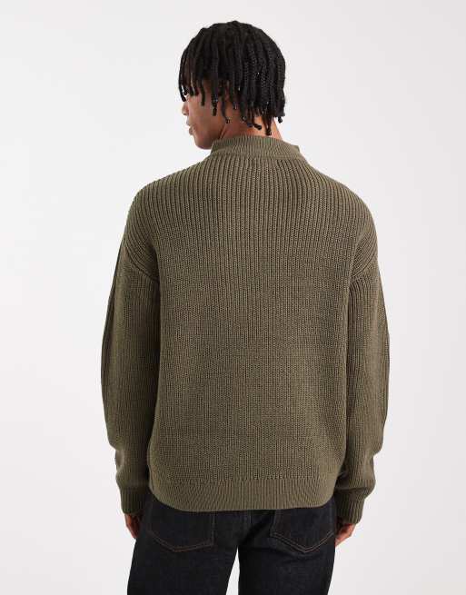 New Look – Strickpullover in Khaki mit Patentmuster und kurzem Reißverschluss