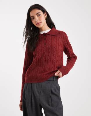 New Look - Strickpullover in Rot mit Polokragen und Zopfmuster