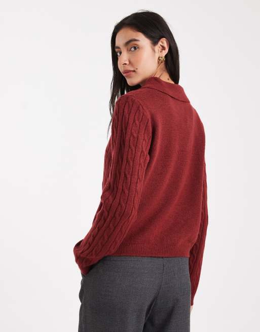 New Look – Strickpullover in Rot mit Polokragen und Zopfmuster, 2 von 4