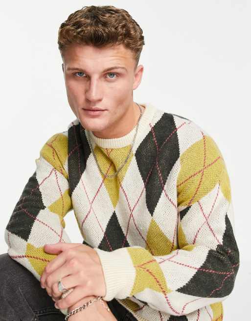 New Look – Strickpullover mit Rautenmuster in gebrochenem Weiß