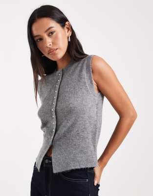 New Look - Strickpullunder in Grau mit Knopfleiste und Rundhalsausschnitt