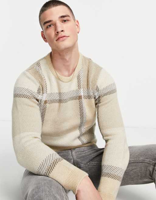 New Look - Strikket trøje med store tern i lys beige