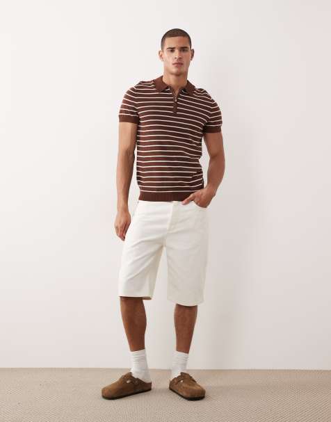 New Look stripe 1/4 zip polo in brown - view 1