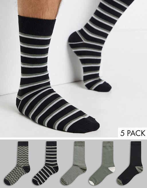New Look stripe 5 pack socks in dark khaki