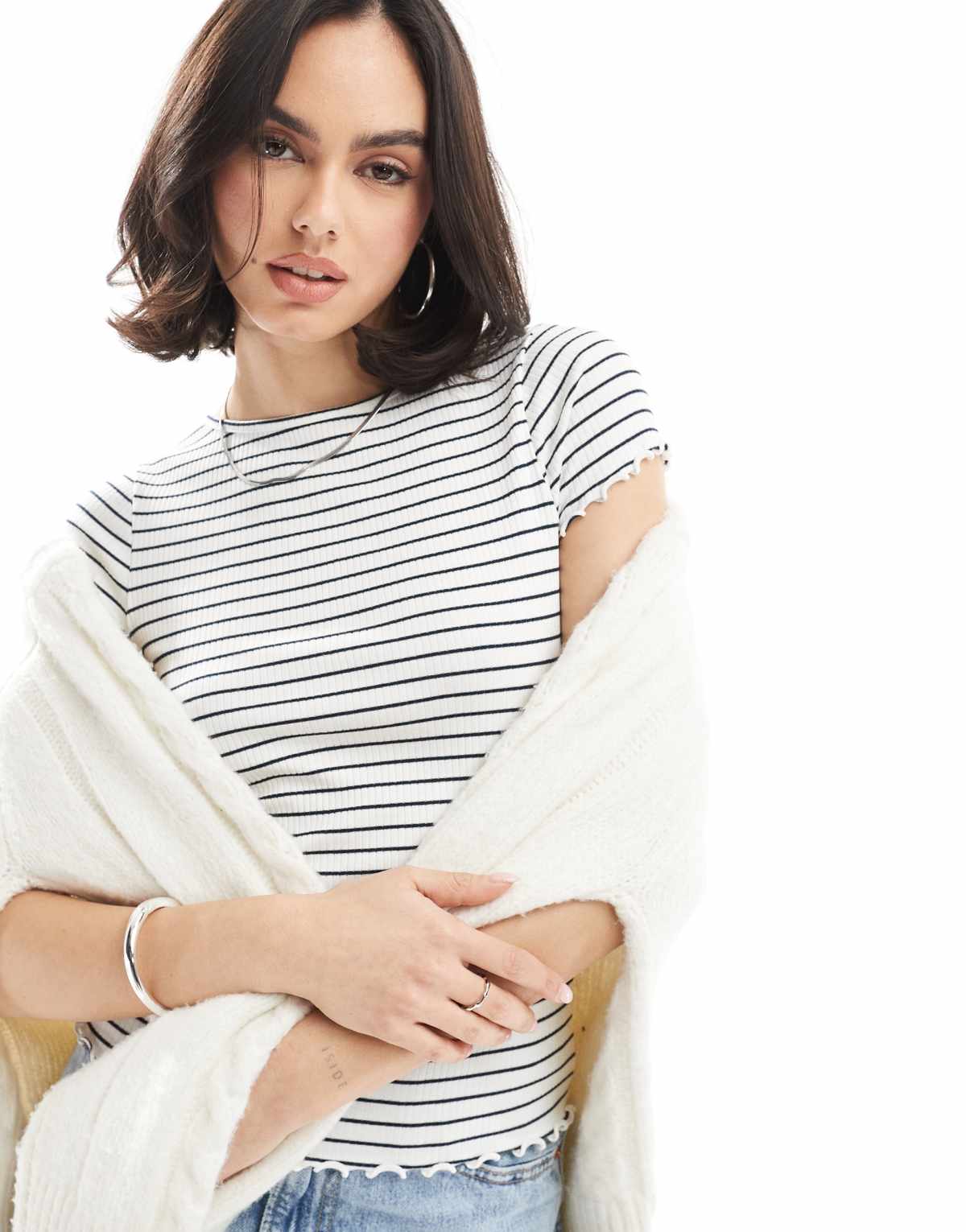 New Look stripe babylock t-shirt in white