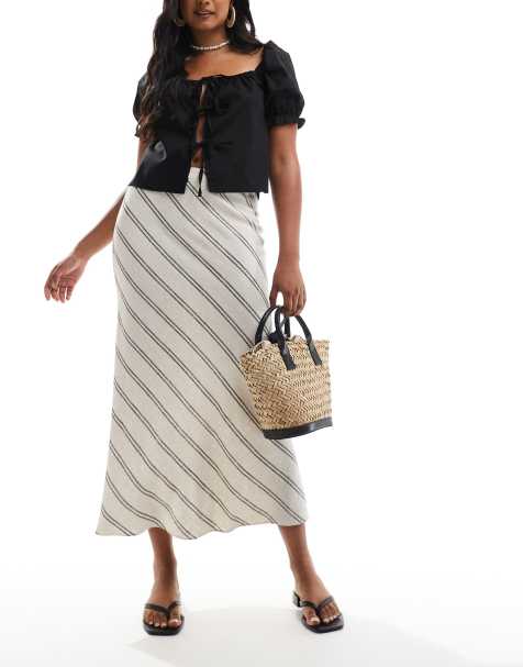 New Look stripe bias midi skirt in cream - view 1