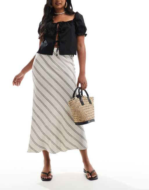 New Look stripe bias midi skirt in cream