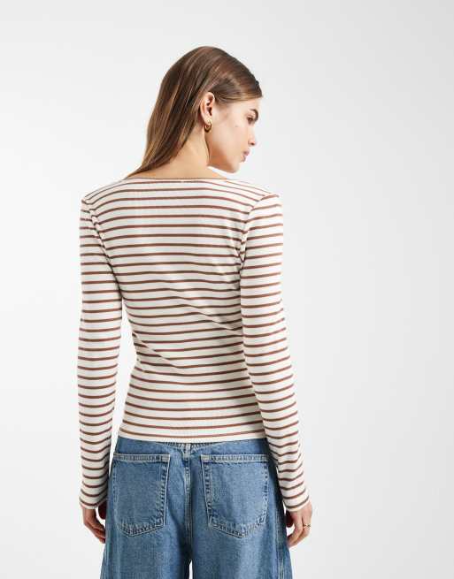 New Look stripe button down long sleeve top in brown, 3 of 4