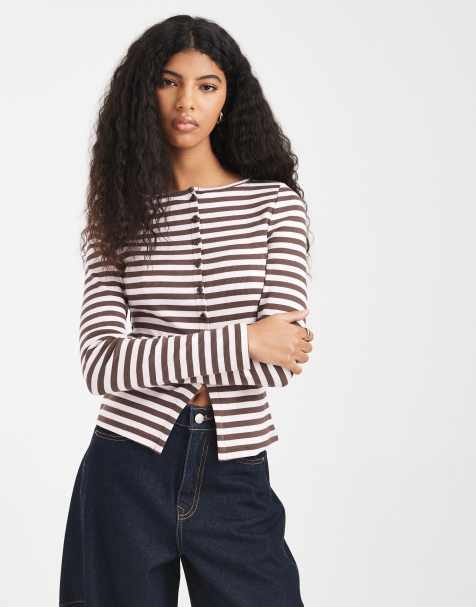 New Look stripe button through cardigan in pink & brown