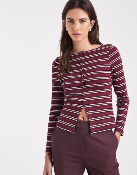 New Look stripe button through long sleeve top in red