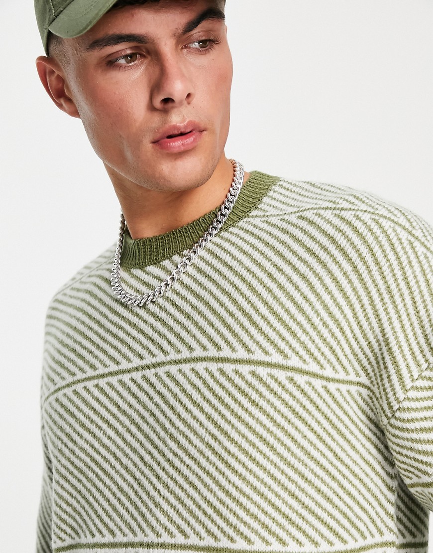 New Look stripe crew neck jumper in light khaki-Green
