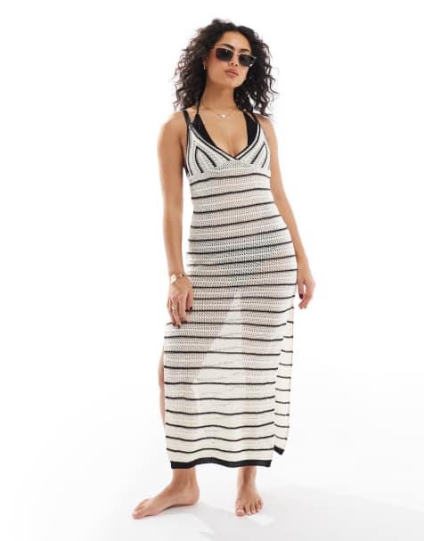 New Look stripe crochet maxi beach dress in white