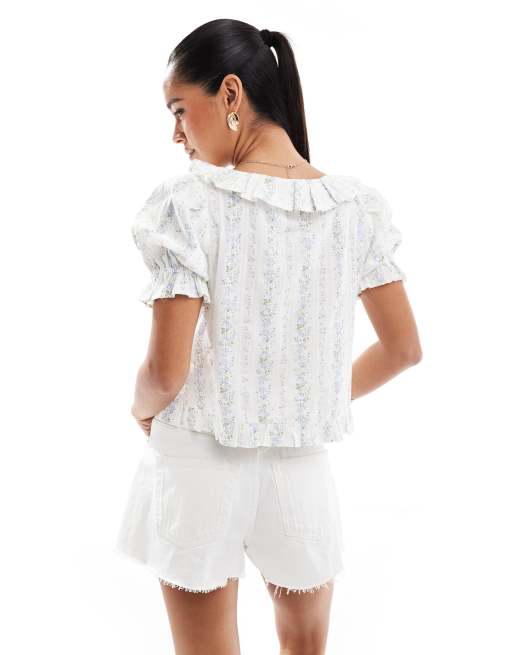 New Look stripe floral button blouse in blue