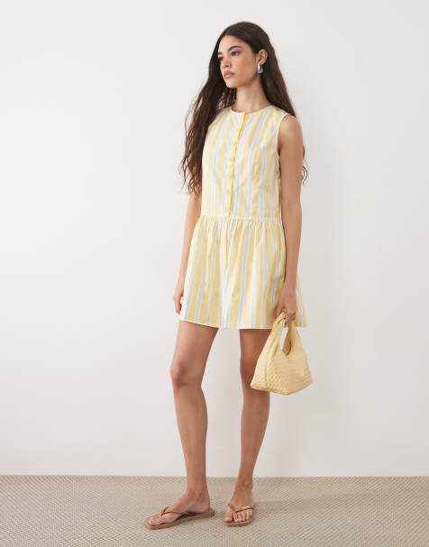 New Look stripe frill waist poplin mini dress in yellow - view 1