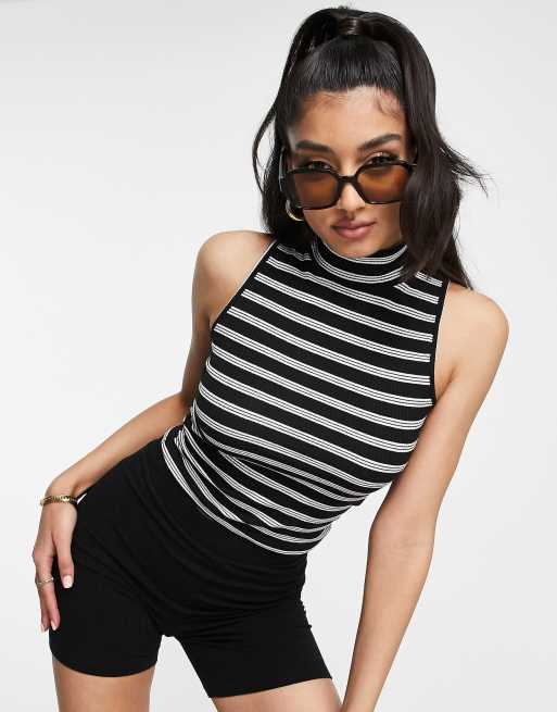 New look stripe high neck tank top in black