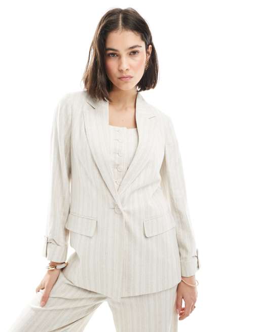 New Look stripe linen-blend blazer in cream (Part of a set), 2 of 4