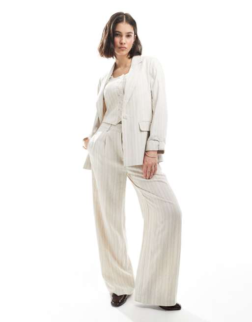 New Look stripe linen-blend blazer in cream (Part of a set), 3 of 4