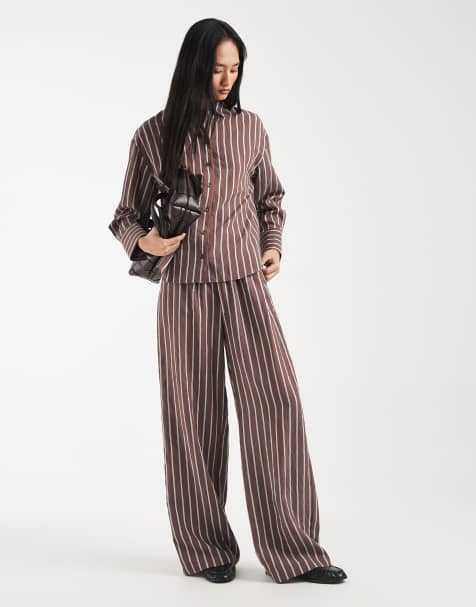 New Look stripe longline shirt & pants set in brown - view 1