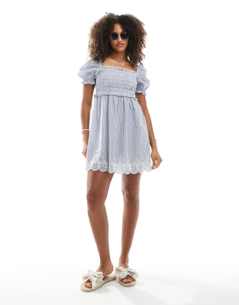 New Look stripe puff sleeve mini milkmaid dress in blue - view 1