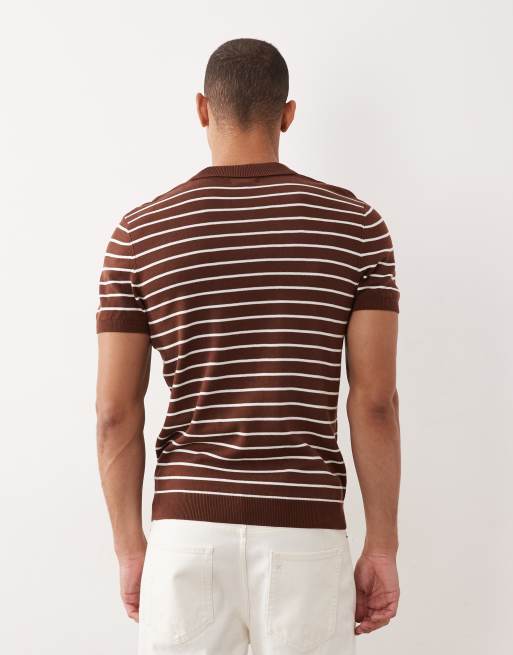 New Look stripe quarter zip polo in brown, 4 of 5