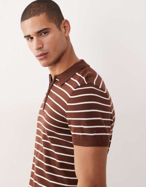 New Look stripe quarter zip polo in brown, 5 of 5