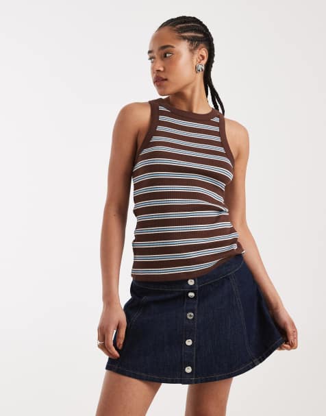 New Look stripe racer singlet in brown - view 1