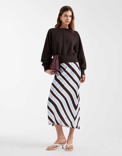 New Look stripe satin bias midi skirt in brown 