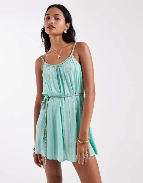 New Look stripe shimmer mini beach dress in turquoise - view 1